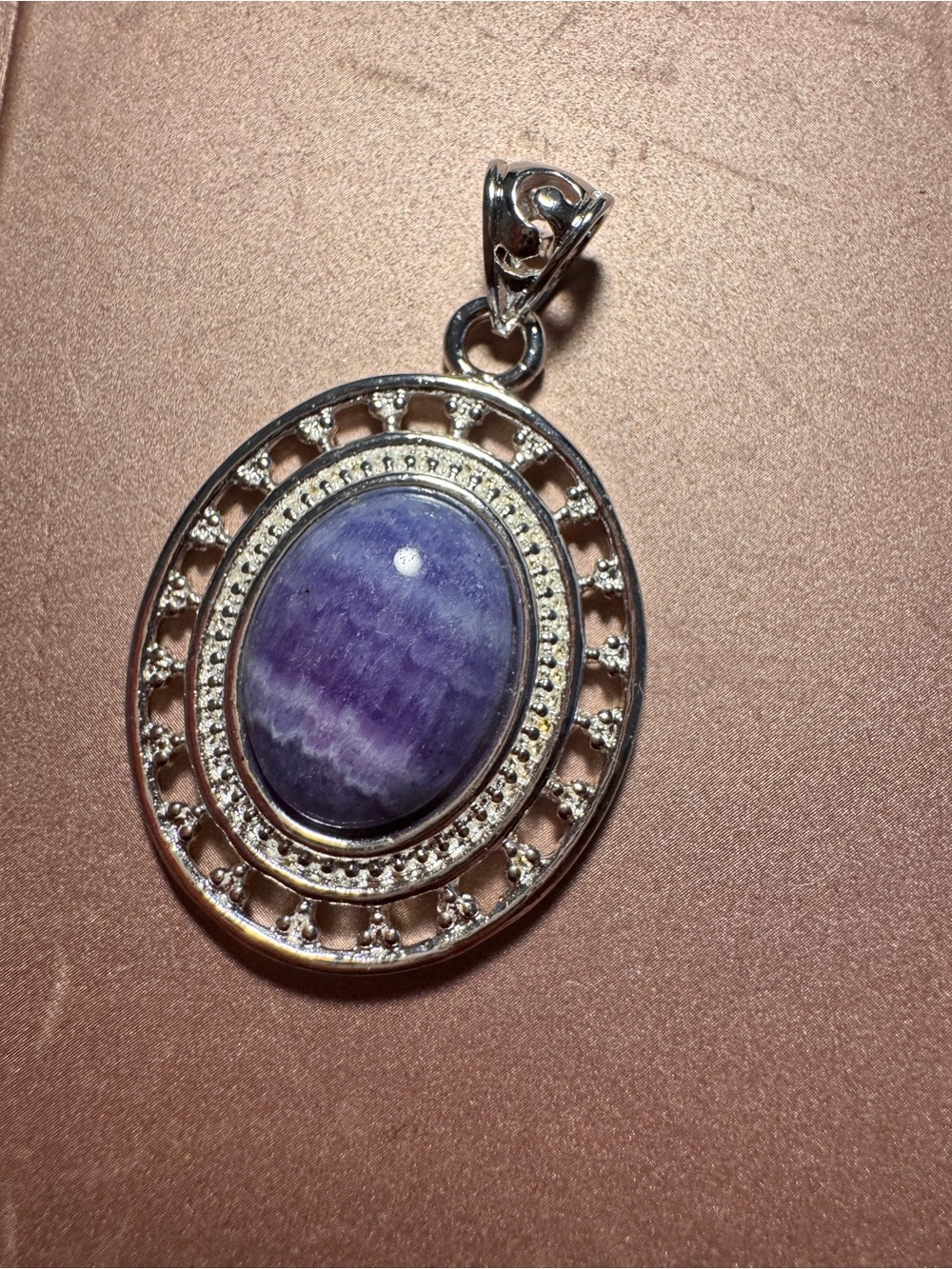 Silver Oval Purple Stone Pendant Necklace